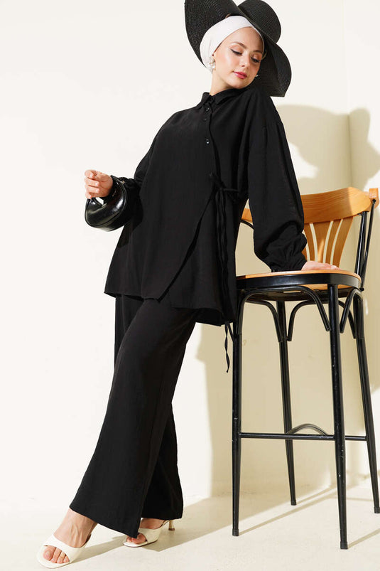 Cross-Buttoned Tie-Up Tunic Two-Piece Set, Black