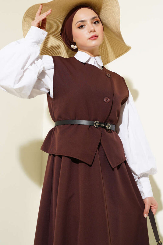 Costume croisé à jupe et ceinture avec boutons croisés marron