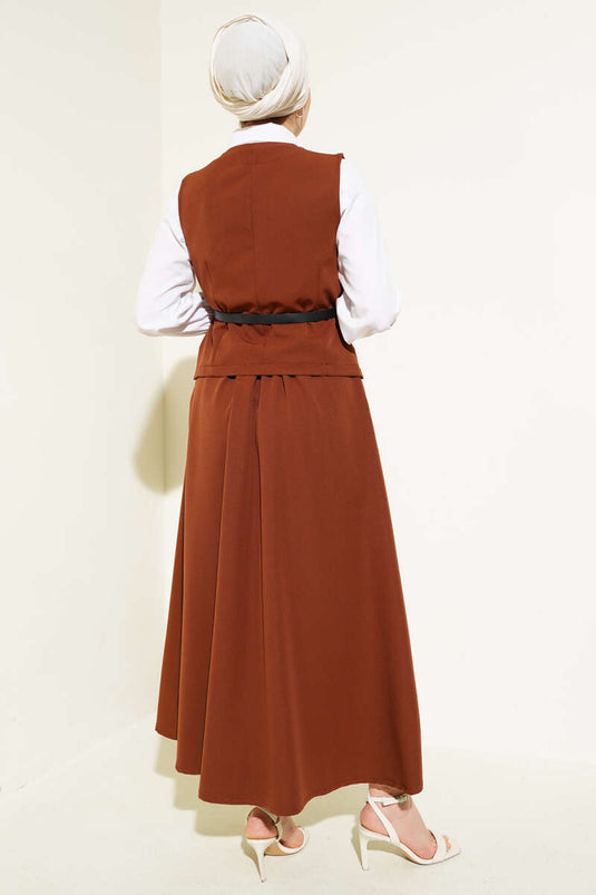 Cross Buttoned Belted Skirted Two Piece Suit Brown