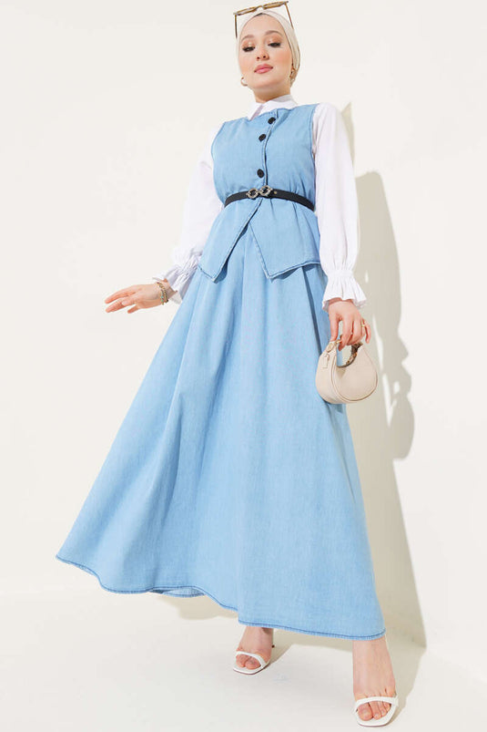 Cross Button Belted Skirted Denim Suit Ice Blue