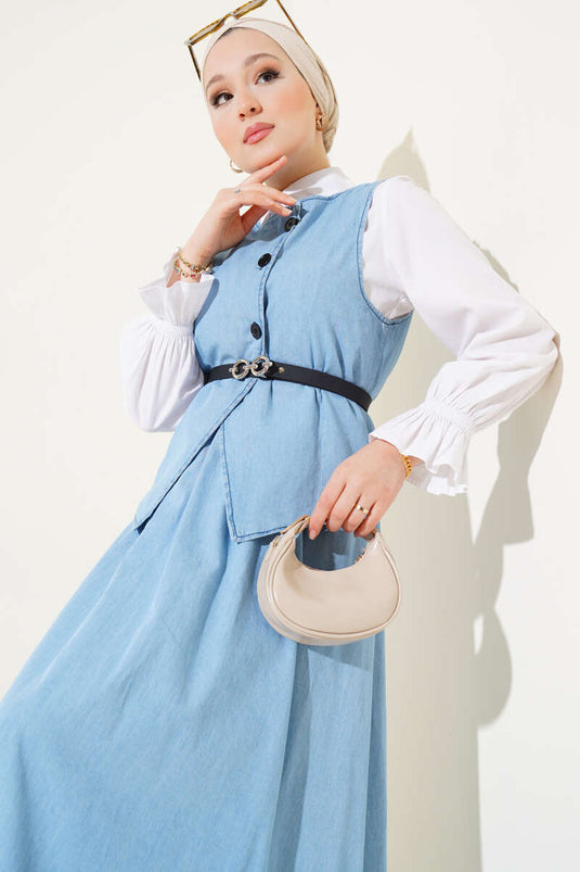 Cross Button Belted Skirted Denim Suit Ice Blue