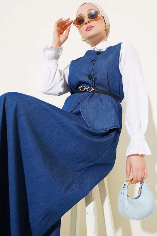 Denim Suit with Cross Buttoned Belt and Skirt Dark Blue