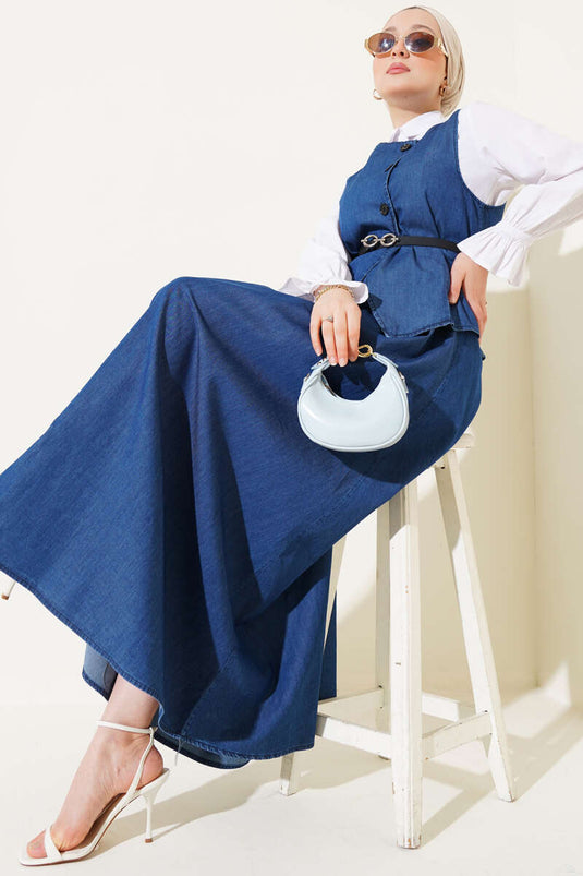 Denim Suit with Cross Buttoned Belt and Skirt Dark Blue