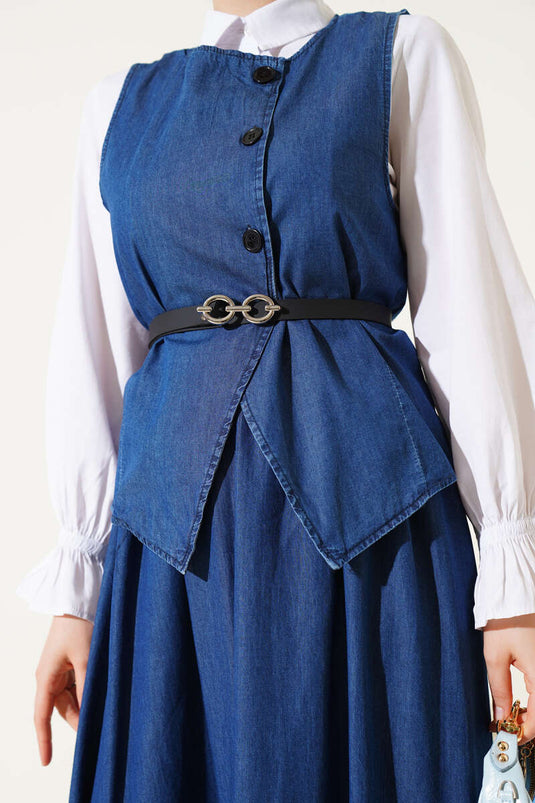 Denim Suit with Cross Buttoned Belt and Skirt Dark Blue