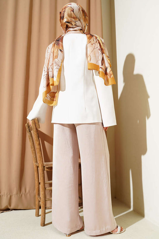 Cross-buttoned Blazer Jacket with Shoulder Pads White