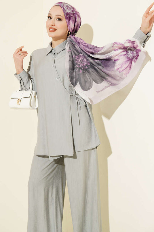 Cross-Buttoned Side-Tied Two-Piece Set Gray