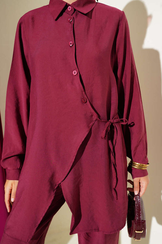 Cross Button Side Tie Two Piece Suit Burgundy