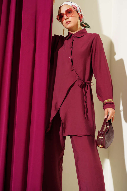 Cross Button Side Tie Two Piece Suit Burgundy