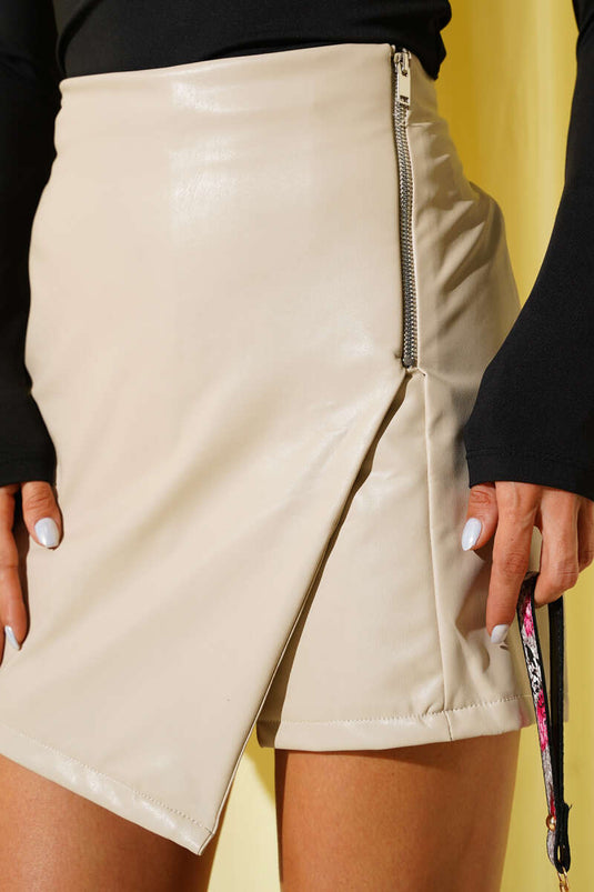 Cross-Zip Leather Short Skirt, Beige