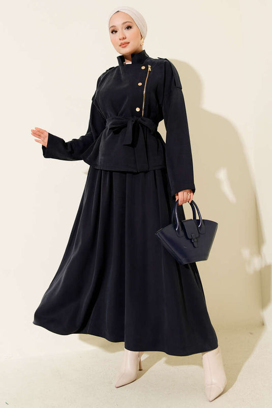 Ensemble deux pièces bleu marine en Tencel avec jupe zippée en diagonale