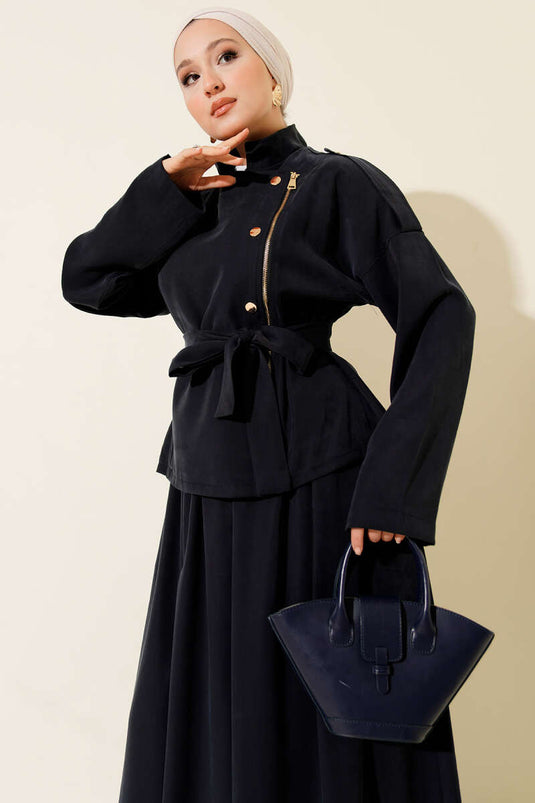 Ensemble deux pièces bleu marine en Tencel avec jupe zippée en diagonale