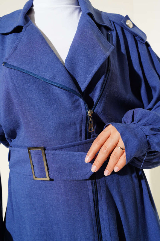 Çapraz Fermuarlı Kemerli Ceket Indıgo