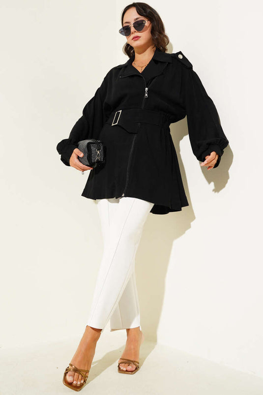 جاكيت أسود بحزام وسحاب قطري