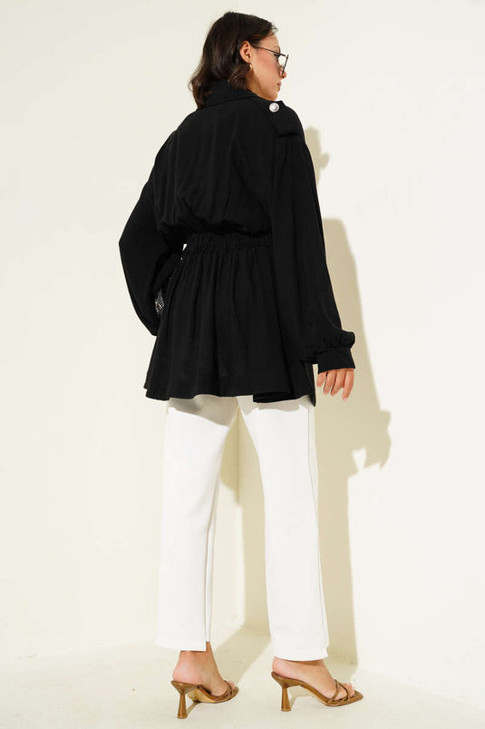 جاكيت أسود بحزام وسحاب قطري