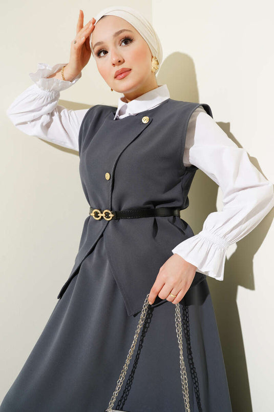 Zweiteiliger Anzug mit gekreuzten goldenen Knöpfen und Rock, Rauchfarbe