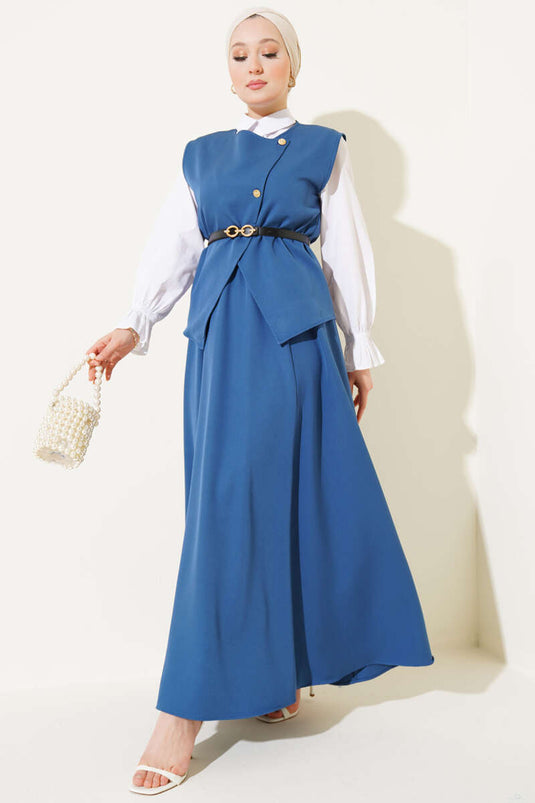 Çapraz Gold Düğmeli Etekli İkili Takım İndigo