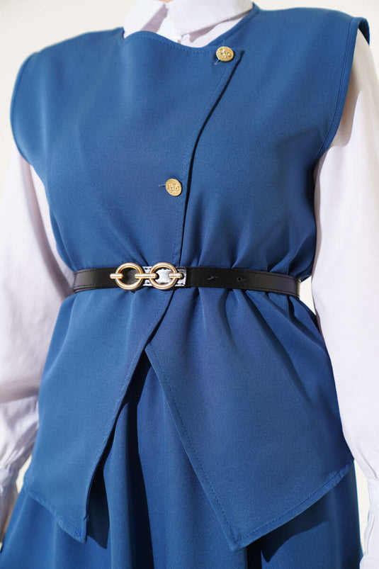 Çapraz Gold Düğmeli Etekli İkili Takım İndigo