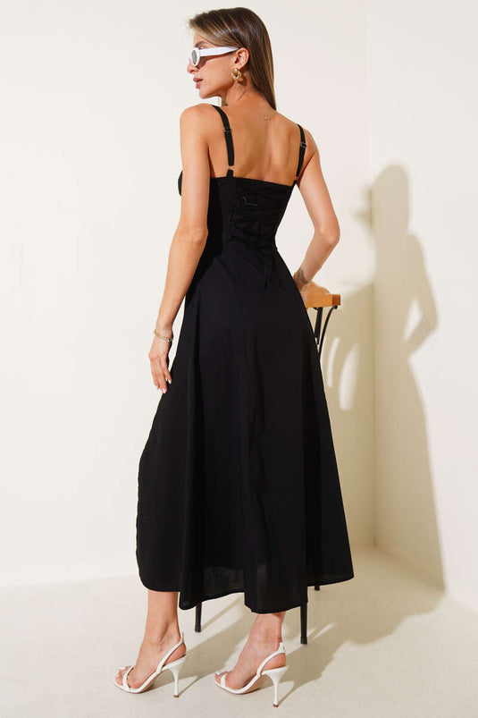 Cross-Strap Lace-Up Dress with Slit, Black