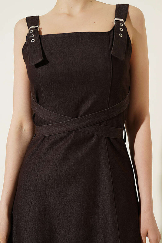 Cross Belted Strappy Denim Dress Brown