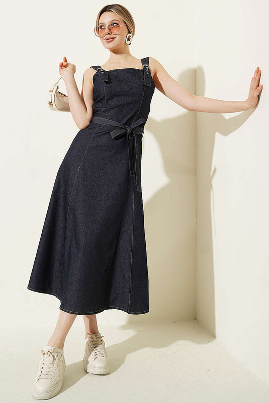Cross-Belted Strappy Denim Dress Navy Blue
