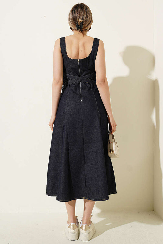 Cross-Belted Strappy Denim Dress Navy Blue