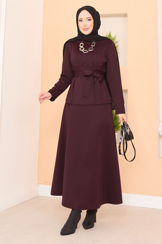 Stylish Hijab Skirt Suit with Cross Belt, Burgundy