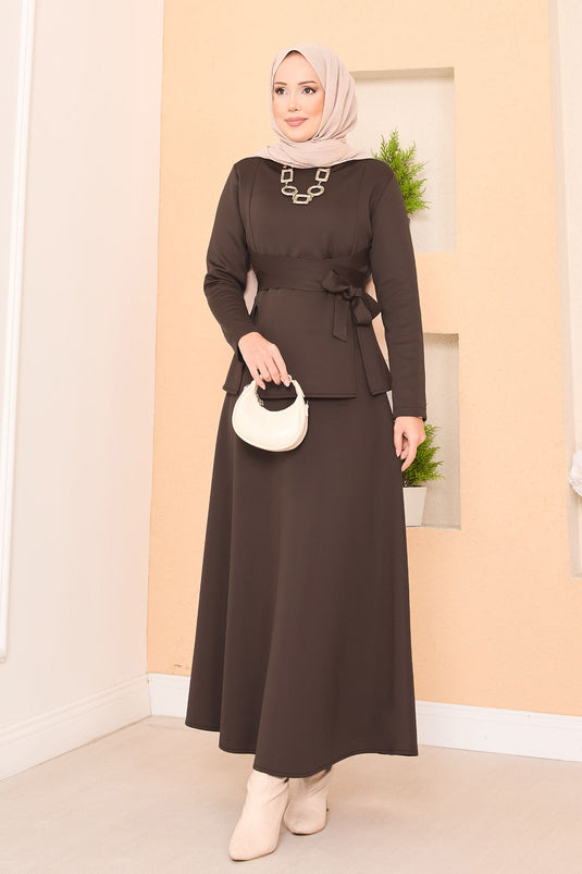 Stylish Cross Belted Hijab Skirt Suit Brown