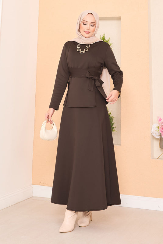 Çapraz Kuşaklı Şık Tesettür Etekli Takım Kahve