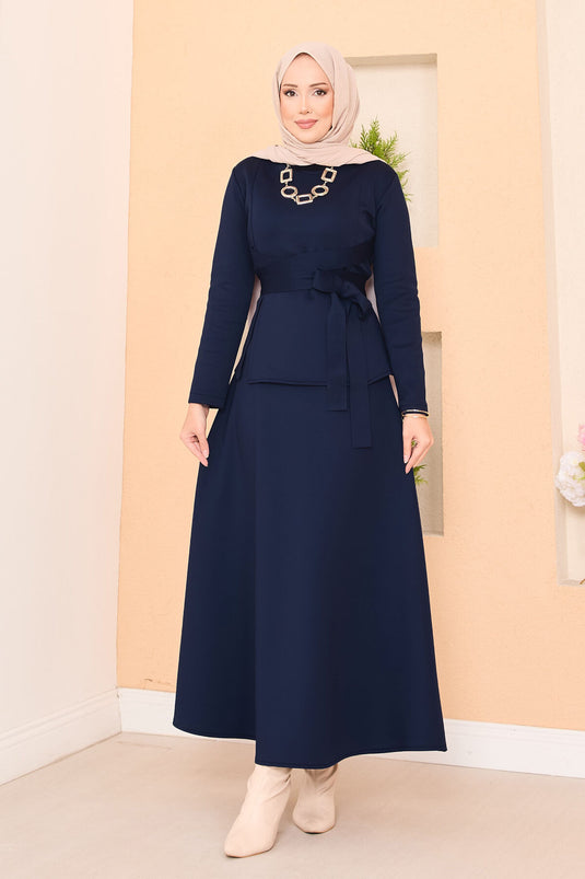 Stylish Hijab Skirt Suit with Cross Belt in Navy Blue