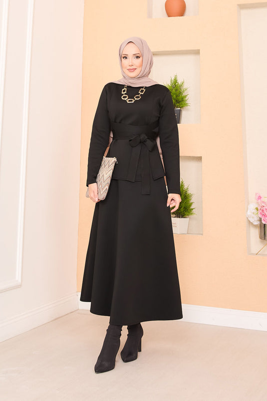 Stylish Hijab Skirt Suit with Cross Belt in Black