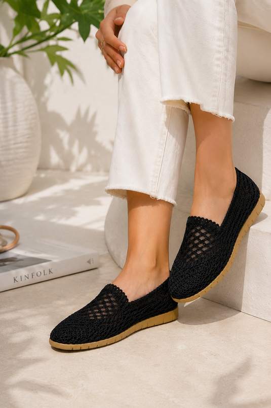 Ballerines en paille tressée croisée noir