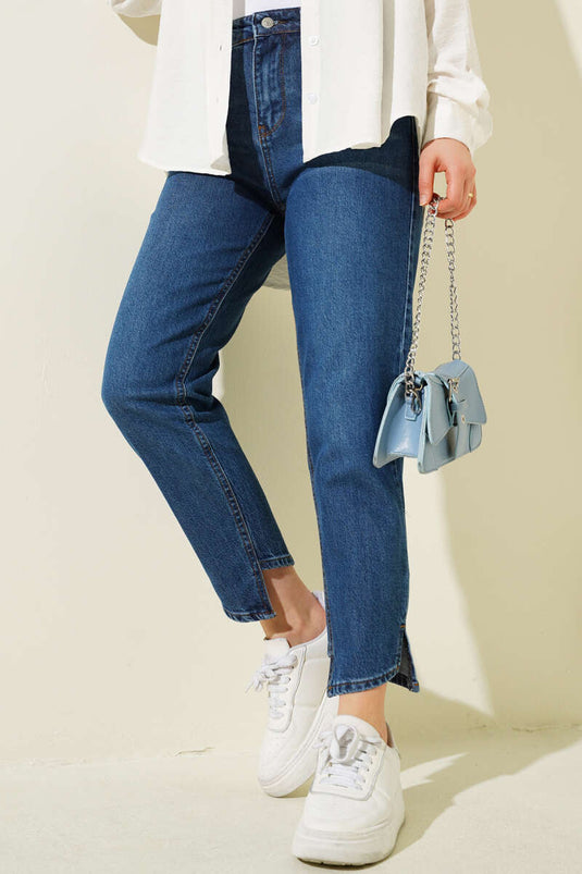 Pantalon en jean mom à jambe croisée bleu foncé