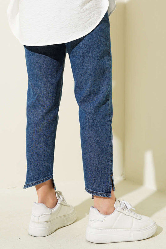 Pantalon en jean mom à jambe croisée bleu foncé