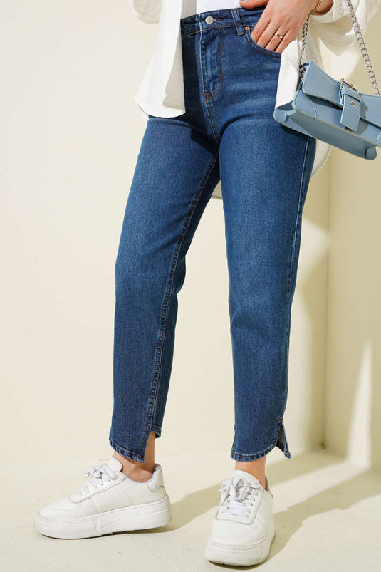 Pantalon en jean mom à jambe croisée bleu foncé