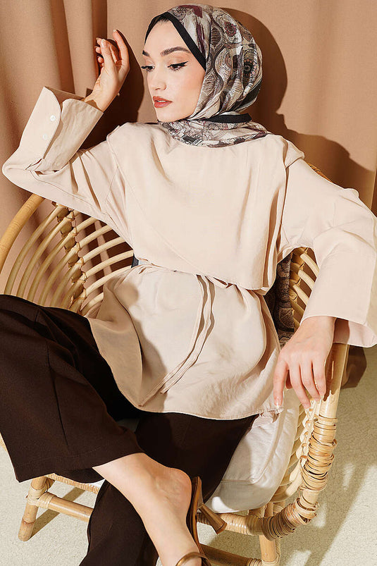 Tunique en modal beige avec cape croisée