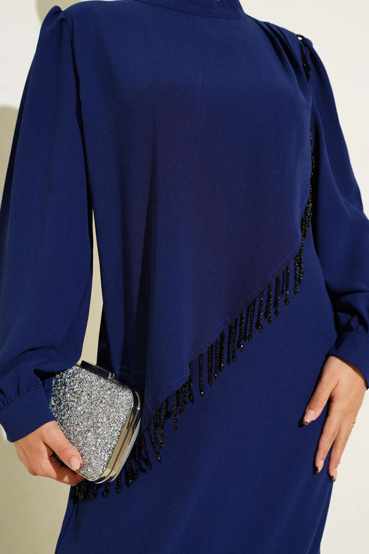 Çapraz Taş Süslemeli Abiye Elbise Lacivert