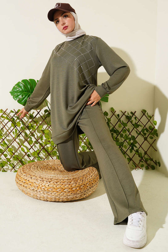 Cross Stone Embellished Two Piece Suit Khaki