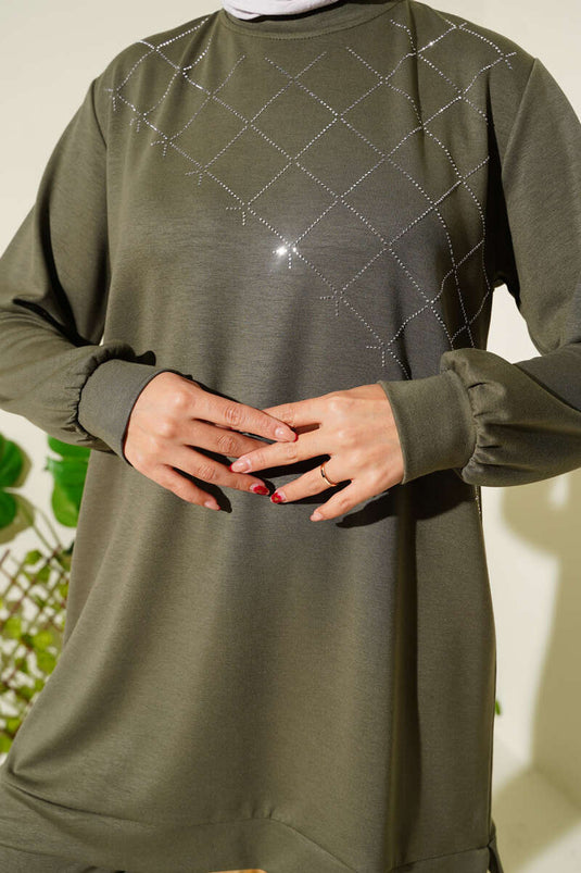 Cross Stone Embellished Two Piece Suit Khaki