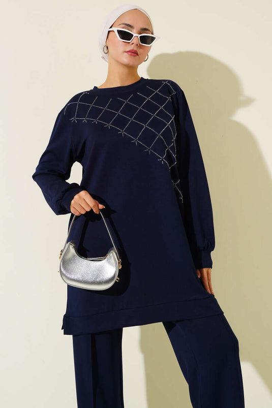 Cross Stone Embellished Two Piece Suit Navy Blue