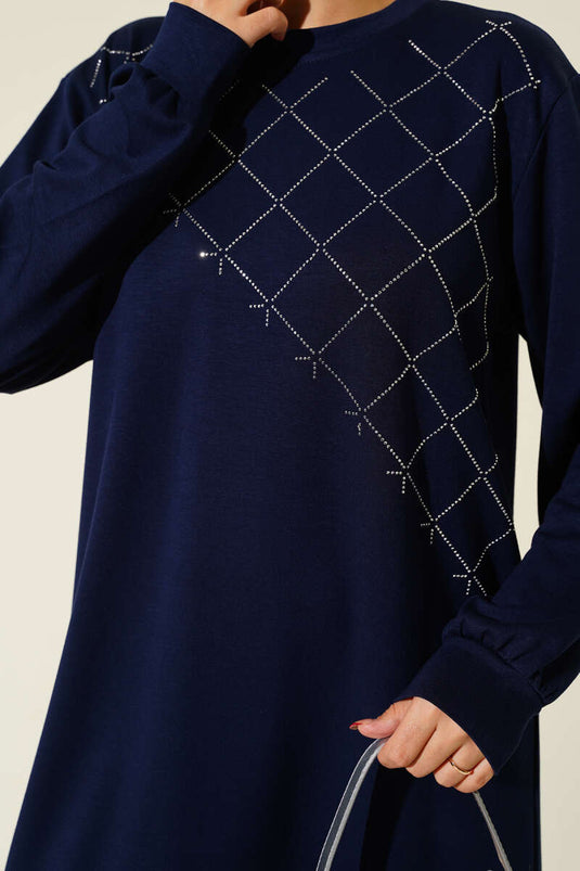 Cross Stone Embellished Two Piece Suit Navy Blue