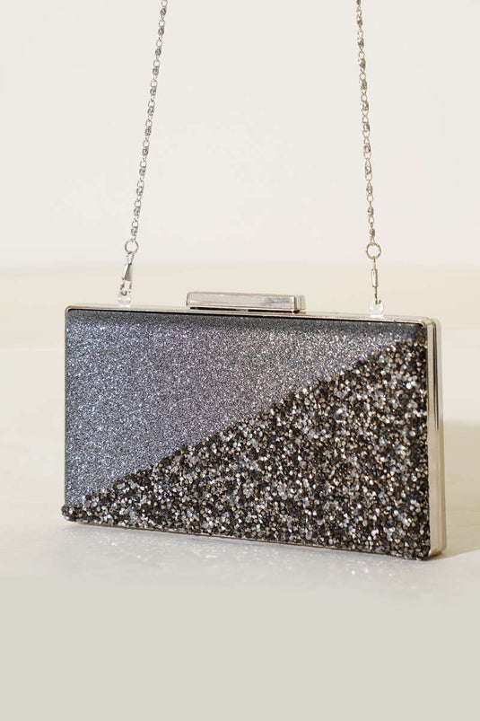 حقيبة سهرة مستطيلة مرصعة بأحجار متقاطعة، لون دخاني