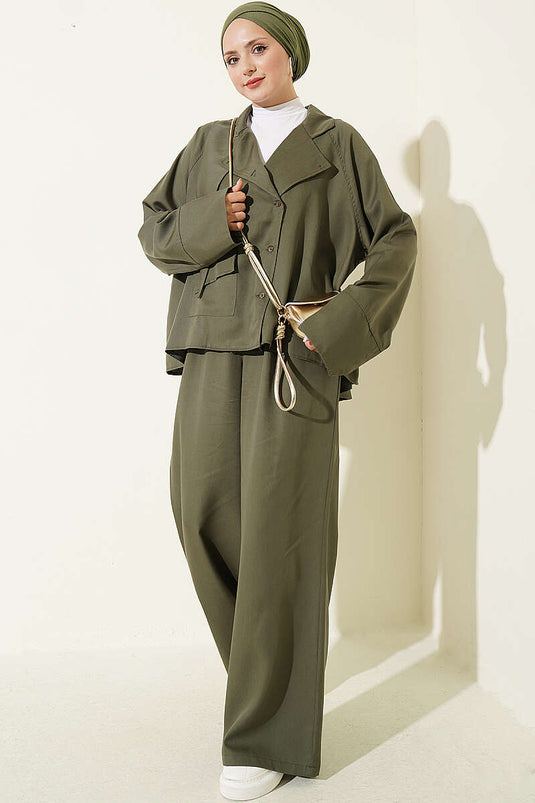 Haki Cross Neck Buttoned Two-Piece Set