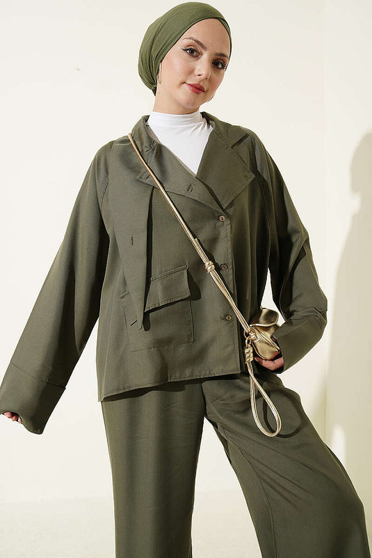 Haki Cross Neck Buttoned Two-Piece Set