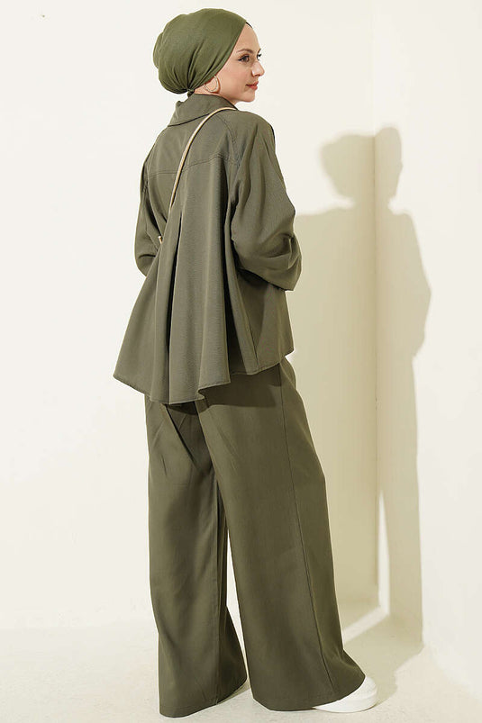 Haki Cross Neck Buttoned Two-Piece Set