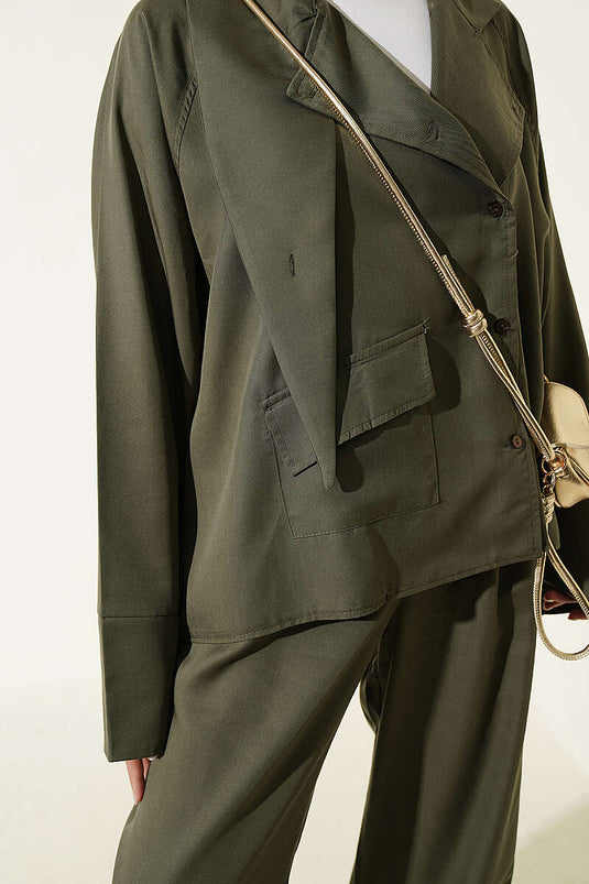 Haki Cross Neck Buttoned Two-Piece Set