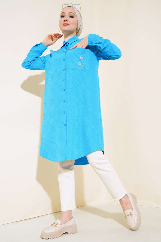 Cebi Çiçek Taşlı Tunik Mavi