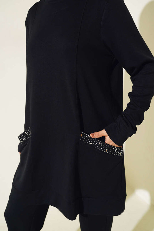 Two Piece Suit with Stone Embellished Pocket, Black