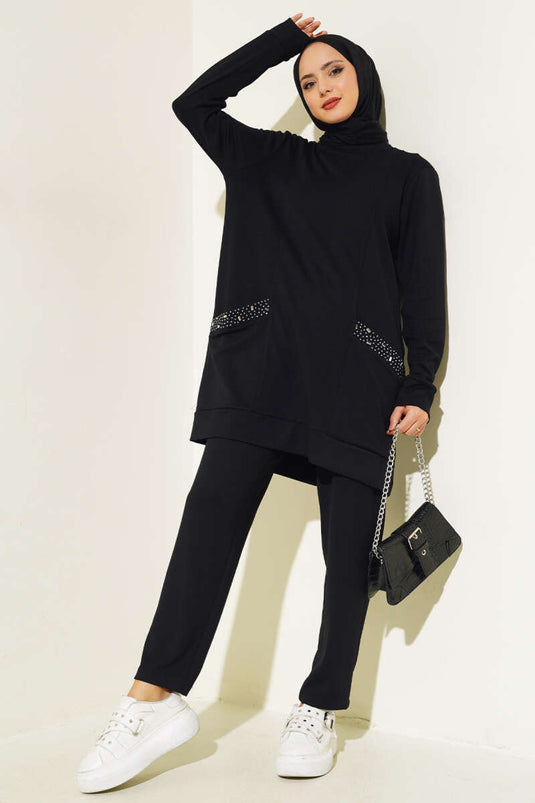 Two Piece Suit with Stone Embellished Pocket, Black