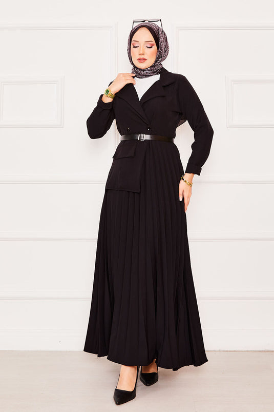 فستان حجاب مطوي مع تفاصيل جاكيت باللون الأسود