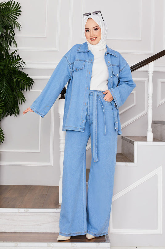 Jacket Trousers Hijab Denim Set Light Blue